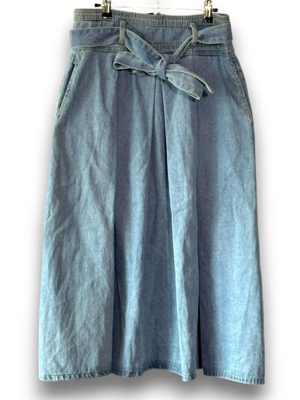 Vintage 90s High-Waisted Denim Skirt Pleated Front Tie Belt Pockets Size L